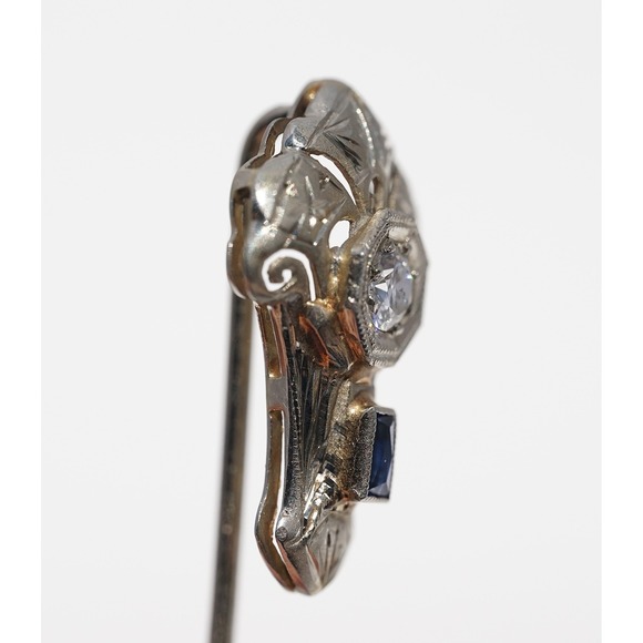 Antique 18k Solid White Gold Old Mine‎ Cut Diamond Sapphire Stickpin - Hat pin - Picture 9 of 11